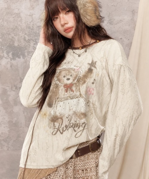 Sibra（シブラ）の「ヴィンテージベアプリントダメージジャガード長袖トップス（Tシャツ/カットソー・レディース・アイボリー/ベージュ・M）」の8枚目の写真