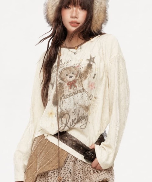 Sibra（シブラ）の「ヴィンテージベアプリントダメージジャガード長袖トップス（Tシャツ/カットソー・レディース・アイボリー/ベージュ・M）」の6枚目の写真