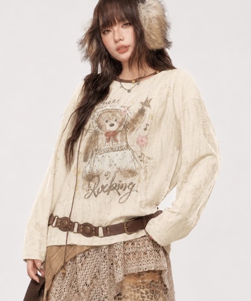 Sibra（シブラ）の「ヴィンテージベアプリントダメージジャガード長袖トップス（Tシャツ/カットソー・レディース・アイボリー/ベージュ・M）」の7枚目の写真