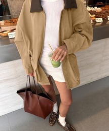 ハンティング風 襟配色 ミドル丈 ジップアップアウター