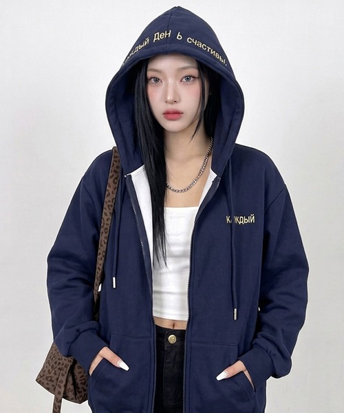 non-hedge（ノンヘッジ）の「フードロゴ刺繍ジップパーカー（パーカー・レディース・オートミール/レッド/グレー/ブラウン/ネイビー/ブラック・FREE）」の6枚目の写真