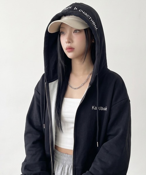 non-hedge（ノンヘッジ）の「フードロゴ刺繍ジップパーカー（パーカー・レディース・オートミール/レッド/グレー/ブラウン/ネイビー/ブラック・FREE）」の2枚目の写真