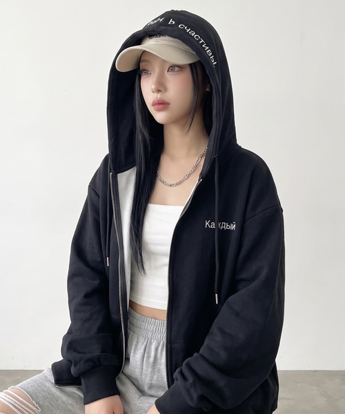 non-hedge（ノンヘッジ）の「フードロゴ刺繍ジップパーカー（パーカー・レディース・オートミール/レッド/グレー/ブラウン/ネイビー/ブラック・FREE）」の9枚目の写真