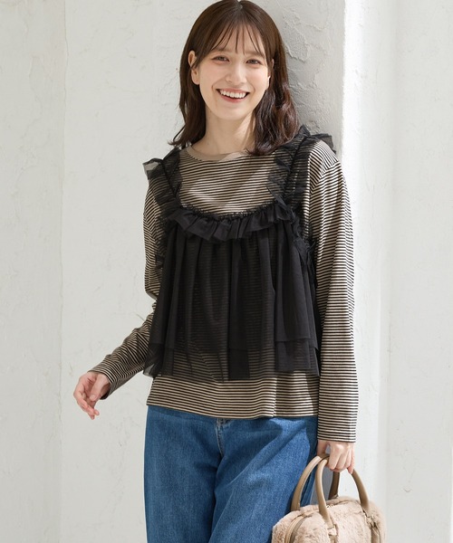 Honeys(ハニーズ)の「チュールドッキングトップス(Tシャツ/カットソー・レディース・ブラウン/アイボリー/ブラック×ベージュ/チャコール・L/LL/M/S)」の2枚目の写真