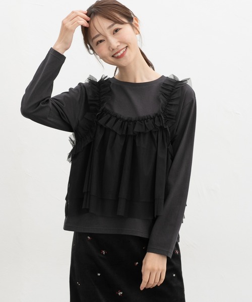 Honeys(ハニーズ)の「チュールドッキングトップス(Tシャツ/カットソー・レディース・ブラウン/アイボリー/ブラック×ベージュ/チャコール・L/LL/M/S)」の3枚目の写真