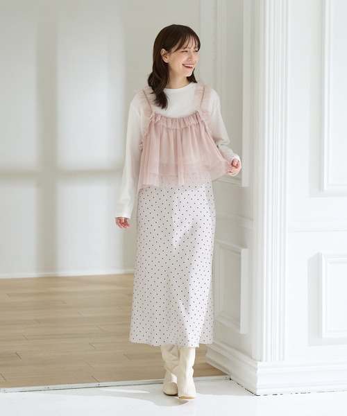 Honeys(ハニーズ)の「チュールドッキングトップス(Tシャツ/カットソー・レディース・ブラウン/アイボリー/ブラック×ベージュ/チャコール・L/LL/M/S)」の6枚目の写真