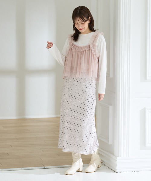 Honeys(ハニーズ)の「チュールドッキングトップス(Tシャツ/カットソー・レディース・ブラウン/アイボリー/ブラック×ベージュ/チャコール・L/LL/M/S)」の7枚目の写真