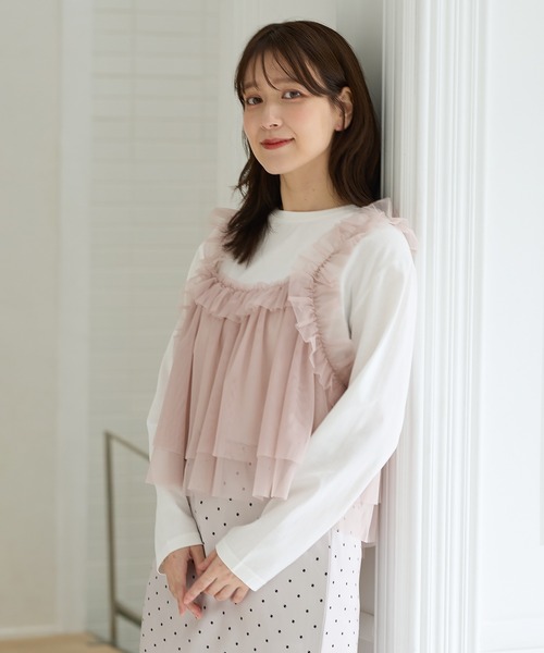 Honeys(ハニーズ)の「チュールドッキングトップス(Tシャツ/カットソー・レディース・ブラウン/アイボリー/ブラック×ベージュ/チャコール・L/LL/M/S)」の9枚目の写真