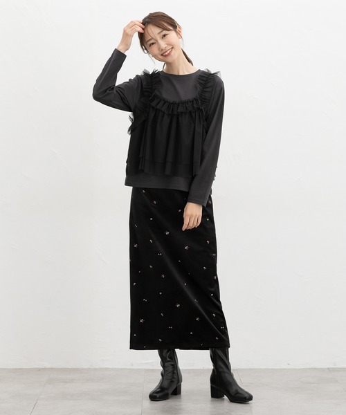 Honeys(ハニーズ)の「チュールドッキングトップス(Tシャツ/カットソー・レディース・ブラウン/アイボリー/ブラック×ベージュ/チャコール・L/LL/M/S)」の11枚目の写真