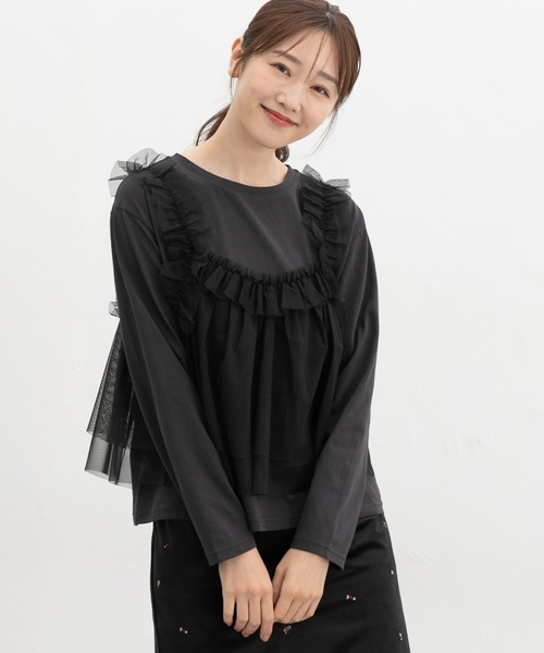 Honeys(ハニーズ)の「チュールドッキングトップス(Tシャツ/カットソー・レディース・ブラウン/アイボリー/ブラック×ベージュ/チャコール・L/LL/M/S)」の12枚目の写真