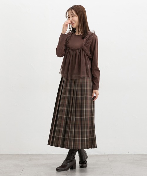 Honeys(ハニーズ)の「チュールドッキングトップス(Tシャツ/カットソー・レディース・ブラウン/アイボリー/ブラック×ベージュ/チャコール・L/LL/M/S)」の13枚目の写真