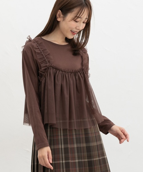 Honeys(ハニーズ)の「チュールドッキングトップス(Tシャツ/カットソー・レディース・ブラウン/アイボリー/ブラック×ベージュ/チャコール・L/LL/M/S)」の14枚目の写真