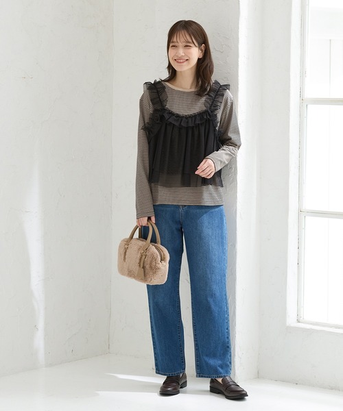 Honeys(ハニーズ)の「チュールドッキングトップス(Tシャツ/カットソー・レディース・ブラウン/アイボリー/ブラック×ベージュ/チャコール・L/LL/M/S)」の15枚目の写真