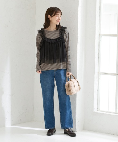 Honeys(ハニーズ)の「チュールドッキングトップス(Tシャツ/カットソー・レディース・ブラウン/アイボリー/ブラック×ベージュ/チャコール・L/LL/M/S)」の16枚目の写真
