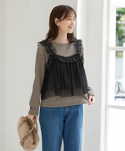 Honeys(ハニーズ)の「チュールドッキングトップス(Tシャツ/カットソー・レディース・ブラウン/アイボリー/ブラック×ベージュ/チャコール・L/LL/M/S)」の18枚目の写真