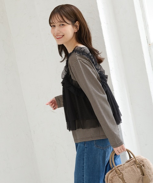 Honeys(ハニーズ)の「チュールドッキングトップス(Tシャツ/カットソー・レディース・ブラウン/アイボリー/ブラック×ベージュ/チャコール・L/LL/M/S)」の19枚目の写真