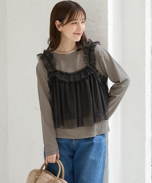 Honeys(ハニーズ)の「チュールドッキングトップス(Tシャツ/カットソー・レディース・ブラウン/アイボリー/ブラック×ベージュ/チャコール・L/LL/M/S)」の17枚目の写真