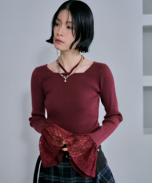 HARE(ハレ)の「ソデレースストリングニットプルオーバー(HARE)(ニット/セーター・レディース・バーガンディー/ブラック/ホワイト・FREE)」の3枚目の写真
