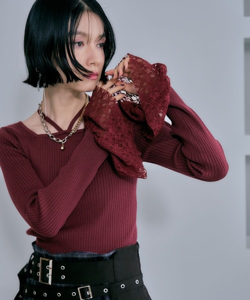 HARE(ハレ)の「ソデレースストリングニットプルオーバー(HARE)(ニット/セーター・レディース・バーガンディー/ブラック/ホワイト・FREE)」の11枚目の写真