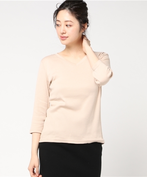 Honeys(ハニーズ)の「7分袖VネックテレコTシャツ(Tシャツ/カットソー・レディース・ブラック/サックスブルー/オフホワイト/杢グレー/ネイビー/ベージュ/ピンク・L/LL/M)」の4枚目の写真