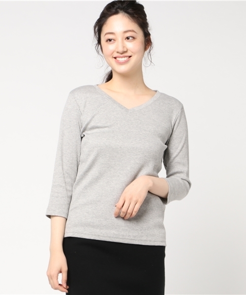 Honeys(ハニーズ)の「7分袖VネックテレコTシャツ(Tシャツ/カットソー・レディース・ブラック/サックスブルー/オフホワイト/杢グレー/ネイビー/ベージュ/ピンク・L/LL/M)」の3枚目の写真
