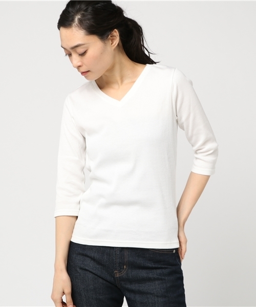 Honeys(ハニーズ)の「7分袖VネックテレコTシャツ(Tシャツ/カットソー・レディース・ブラック/サックスブルー/オフホワイト/杢グレー/ネイビー/ベージュ/ピンク・L/LL/M)」の2枚目の写真