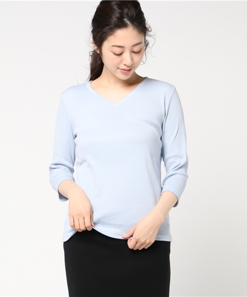 Honeys(ハニーズ)の「7分袖VネックテレコTシャツ(Tシャツ/カットソー・レディース・ブラック/サックスブルー/オフホワイト/杢グレー/ネイビー/ベージュ/ピンク・L/LL/M)」の6枚目の写真