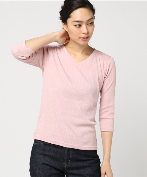 Honeys(ハニーズ)の「7分袖VネックテレコTシャツ(Tシャツ/カットソー・レディース・ブラック/サックスブルー/オフホワイト/杢グレー/ネイビー/ベージュ/ピンク・L/LL/M)」の7枚目の写真