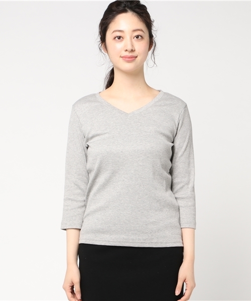 Honeys(ハニーズ)の「7分袖VネックテレコTシャツ(Tシャツ/カットソー・レディース・ブラック/サックスブルー/オフホワイト/杢グレー/ネイビー/ベージュ/ピンク・L/LL/M)」の8枚目の写真