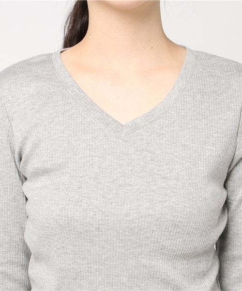 Honeys(ハニーズ)の「7分袖VネックテレコTシャツ(Tシャツ/カットソー・レディース・ブラック/サックスブルー/オフホワイト/杢グレー/ネイビー/ベージュ/ピンク・L/LL/M)」の11枚目の写真