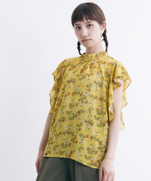 MERLOT | バンドカラーラッフルスリーブボタニカル柄ブラウス1152(シャツ/ブラウス)