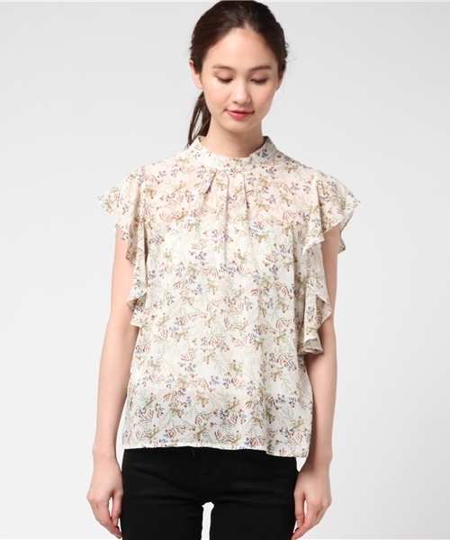 MERLOT（メルロー）の「バンドカラーラッフルスリーブボタニカル柄ブラウス1152（シャツ/ブラウス・レディース・ブラック/イエロー/ホワイト・FREE）」の11枚目の写真