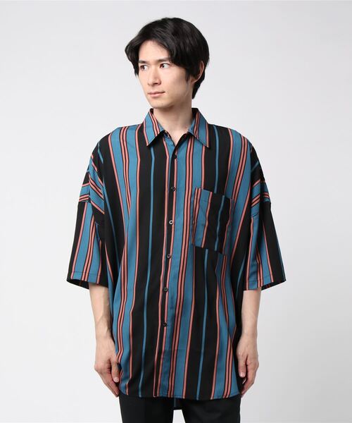 ＪＵＧＬＡＮＳ（ユグランス）の「【RINGS】マルチストライプ/ビッグショートスリーブシャツ（シャツ/ブラウス・メンズ・ベージュ/ホワイト/ブラック・L/M）」の2枚目の写真