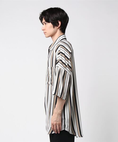 ＪＵＧＬＡＮＳ（ユグランス）の「【RINGS】マルチストライプ/ビッグショートスリーブシャツ（シャツ/ブラウス・メンズ・ベージュ/ホワイト/ブラック・L/M）」の4枚目の写真