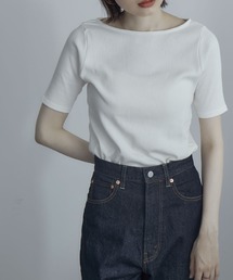 五分袖ボートネックコットンリブTシャツ