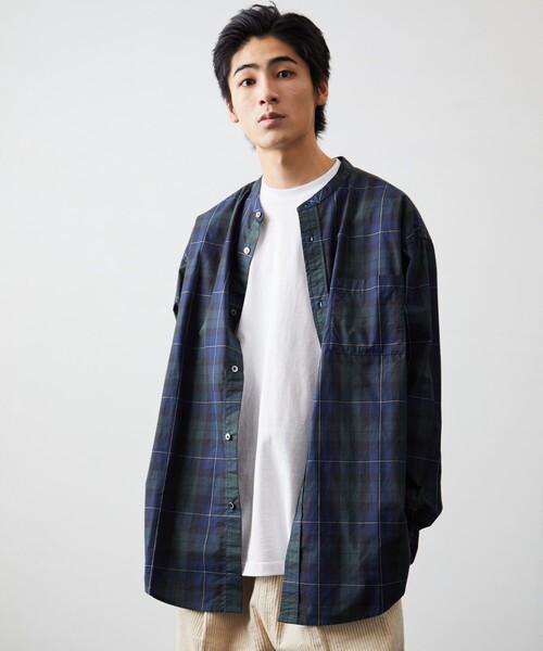 FREAK'S STORE（フリークスストア）の「ビックシルエット スタンドカラーシャツ/タイプライター/デニム/バンドカラーシャツ（シャツ/ブラウス・メンズ・ホワイト/ライトグレー/ブルー/ストライプ/ダークネイビー/オフホワイト/チェック/ブラウン/ブラウン系その他/ベージュ・MEDIUM/LARGE）」の10枚目の写真