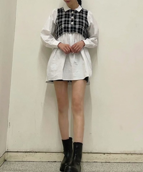 Wego ウィゴー のファッション ワンピース セール Wego ツイード切替シャツワンピース ワンピース