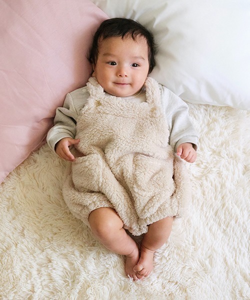 b・ROOM（ビールーム）の「【もこもこ】ボアショートオール（サロペット/オーバーオール・キッズ・アイボリー/ベージュ/ダークブラウン・70cm/80ｃｍ）」の2枚目の写真