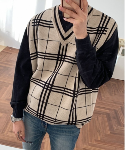 ASCLO（エジュクロ）の「ASCLO オーバーサイズチェックVネックベスト（ベスト・メンズ・ブラック/ベージュ/スカイブルー・FREE）」の13枚目の写真