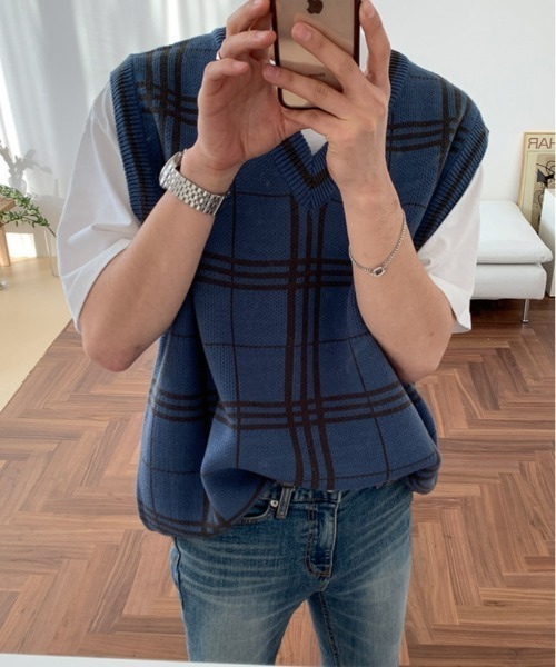 ASCLO（エジュクロ）の「ASCLO オーバーサイズチェックVネックベスト（ベスト・メンズ・ブラック/ベージュ/スカイブルー・FREE）」の12枚目の写真