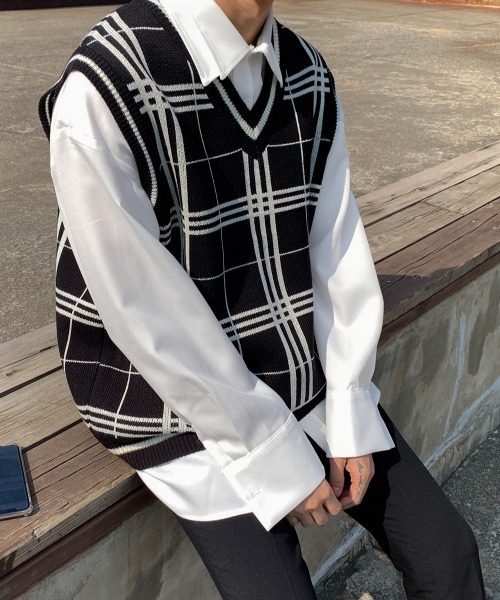 ASCLO（エジュクロ）の「ASCLO オーバーサイズチェックVネックベスト（ベスト・メンズ・ブラック/ベージュ/スカイブルー・FREE）」の7枚目の写真