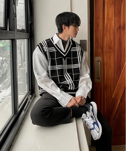 ASCLO（エジュクロ）の「ASCLO オーバーサイズチェックVネックベスト（ベスト・メンズ・ブラック/ベージュ/スカイブルー・FREE）」の8枚目の写真