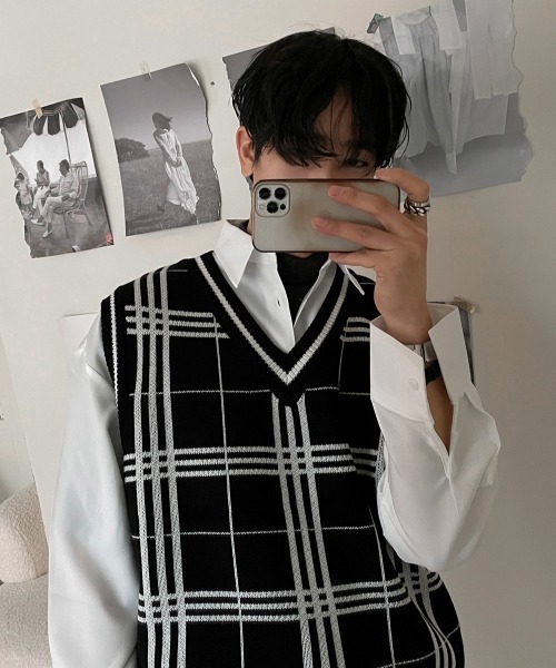 ASCLO（エジュクロ）の「ASCLO オーバーサイズチェックVネックベスト（ベスト・メンズ・ブラック/ベージュ/スカイブルー・FREE）」の5枚目の写真