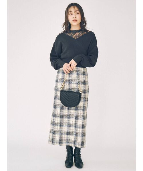 MERCURYDUO（マーキュリーデュオ）の「レースドッキングカシュクールコンパクトニット（ニット/セーター・レディース・ダークブラウン/オフホワイト/ピンク/ブルー/チャコールグレー・FREE）」の9枚目の写真