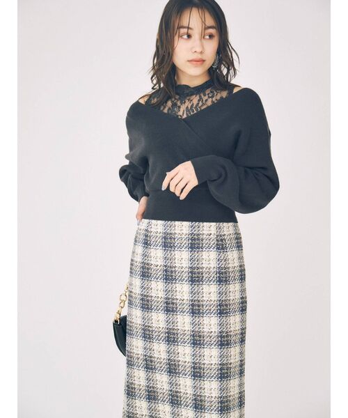 MERCURYDUO（マーキュリーデュオ）の「レースドッキングカシュクールコンパクトニット（ニット/セーター・レディース・ダークブラウン/オフホワイト/ピンク/ブルー/チャコールグレー・FREE）」の17枚目の写真