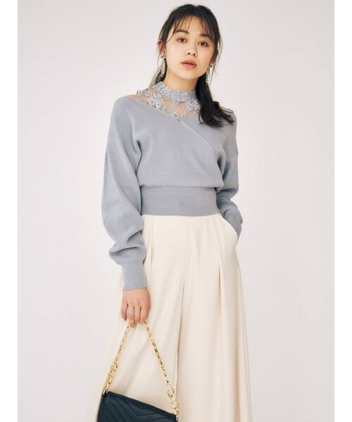 MERCURYDUO（マーキュリーデュオ）の「レースドッキングカシュクールコンパクトニット（ニット/セーター・レディース・ダークブラウン/オフホワイト/ピンク/ブルー/チャコールグレー・FREE）」の10枚目の写真