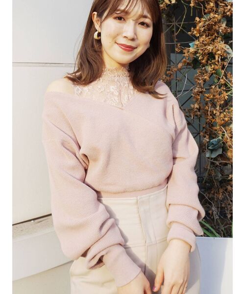 MERCURYDUO（マーキュリーデュオ）の「レースドッキングカシュクールコンパクトニット（ニット/セーター・レディース・ダークブラウン/オフホワイト/ピンク/ブルー/チャコールグレー・FREE）」の11枚目の写真