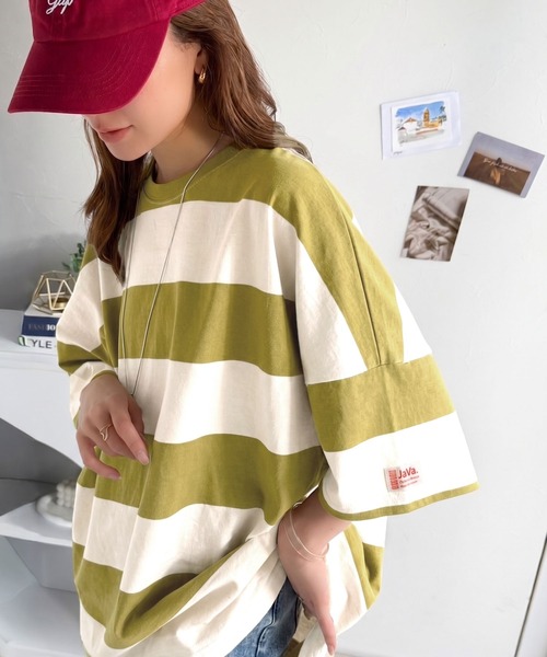 Java（ジャバ）の「《JaVa ジャバコラボ》綿100％、ワイドボーダーbigシルエットトップス(オーバーサイズ)（Tシャツ/カットソー・レディース・ブラック/ブラウン/グリーン系その他/グレイッシュベージュ・SMALL/MEDIUM/LARGE/X-LARGE）」の13枚目の写真