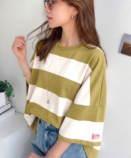 Java（ジャバ）の「《JaVa ジャバコラボ》綿100％、ワイドボーダーbigシルエットトップス(オーバーサイズ)（Tシャツ/カットソー・レディース・ブラック/ブラウン/グリーン系その他/グレイッシュベージュ・SMALL/MEDIUM/LARGE/X-LARGE）」の12枚目の写真