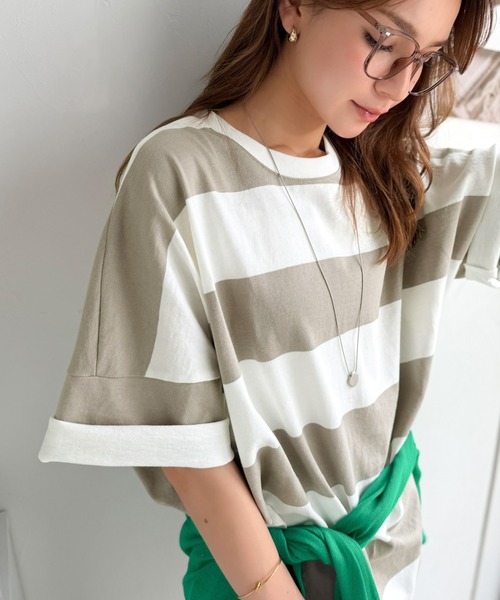 Java（ジャバ）の「《JaVa ジャバコラボ》綿100％、ワイドボーダーbigシルエットトップス(オーバーサイズ)（Tシャツ/カットソー・レディース・ブラック/ブラウン/グリーン系その他/グレイッシュベージュ・SMALL/MEDIUM/LARGE/X-LARGE）」の19枚目の写真